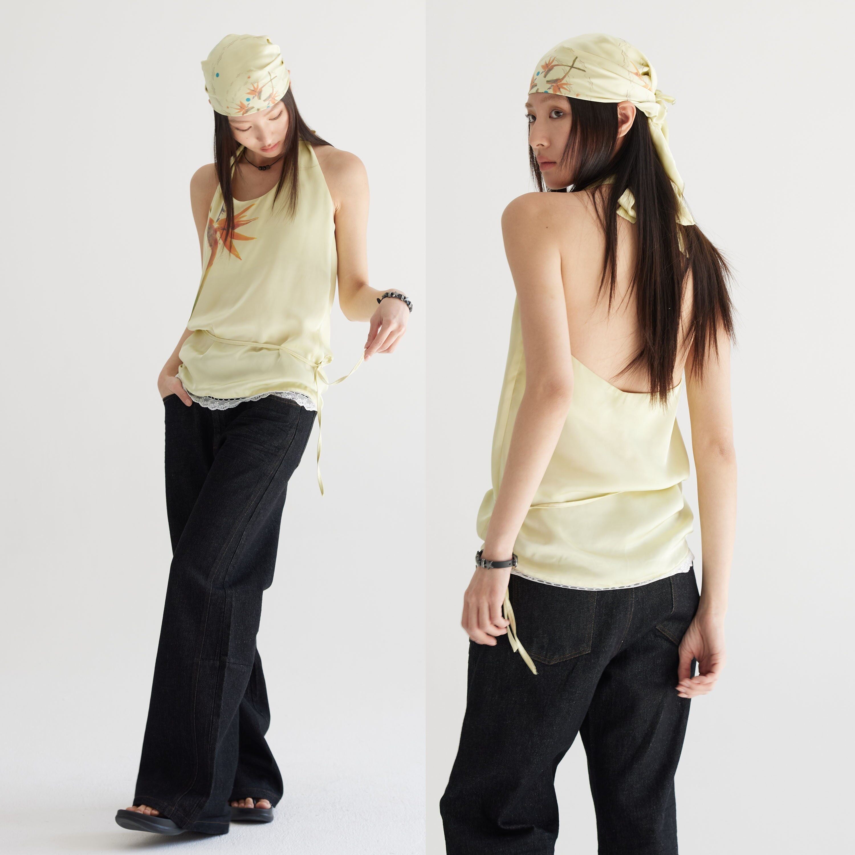 THELIGHT OFFICIAL Pale Yellow Printed Lace Tie Back Halter Women's Polyester Camisoles 892315375144
