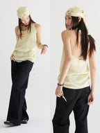 THELIGHT OFFICIAL Pale Yellow Printed Lace Tie Back Halter Women's Polyester Camisoles