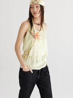 THELIGHT OFFICIAL Pale Yellow Printed Lace Tie Back Halter Women's Polyester Camisoles