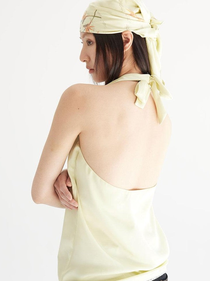 THELIGHT OFFICIAL Pale Yellow Printed Lace Tie Back Halter Women's Polyester Camisoles