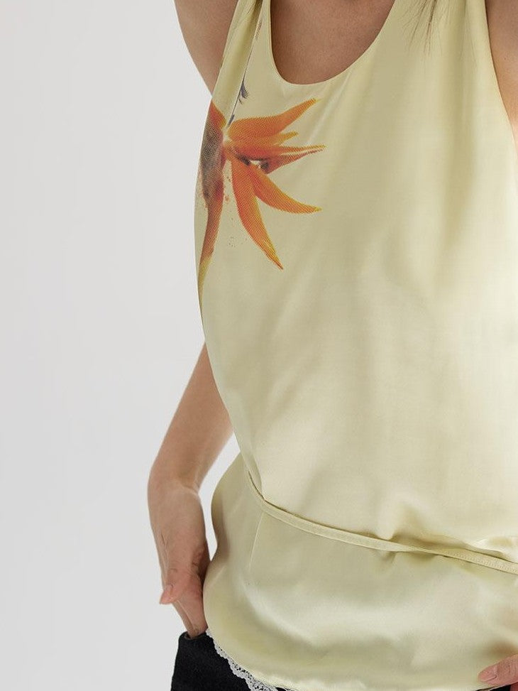 THELIGHT OFFICIAL Pale Yellow Printed Lace Tie Back Halter Women's Polyester Camisoles