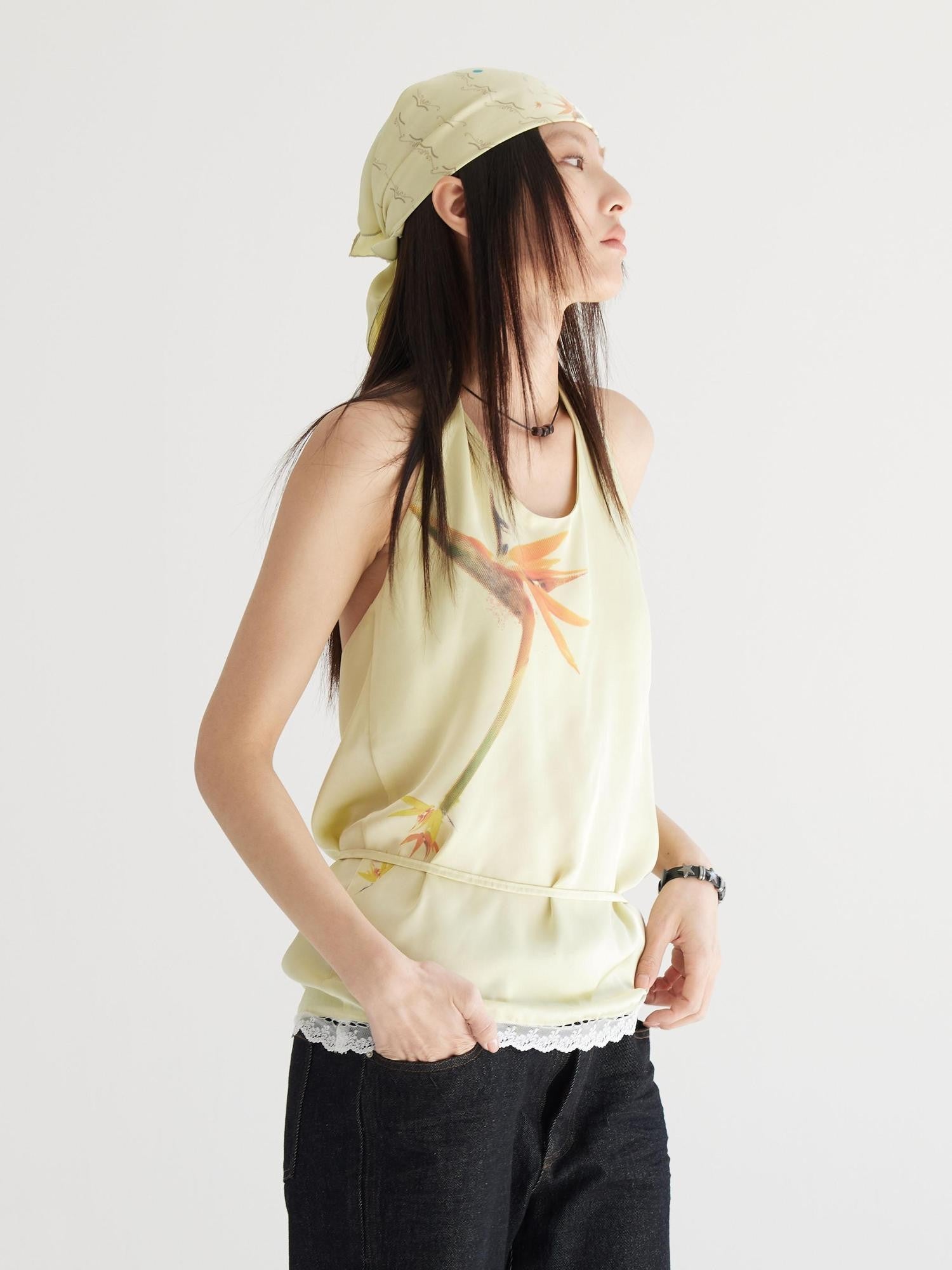 THELIGHT OFFICIAL Pale Yellow Printed Lace Tie Back Halter Women's Polyester Camisoles