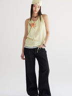 THELIGHT OFFICIAL Pale Yellow Printed Lace Tie Back Halter Women's Polyester Camisoles