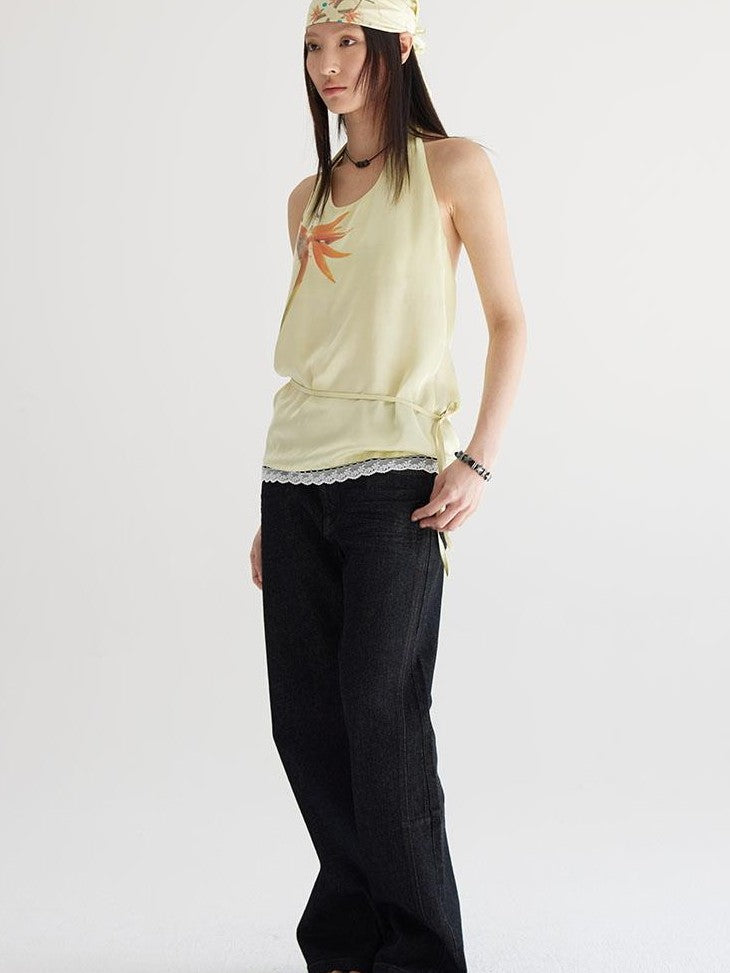 THELIGHT OFFICIAL Pale Yellow Printed Lace Tie Back Halter Women's Polyester Camisoles