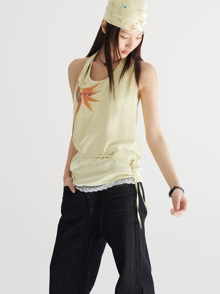 THELIGHT OFFICIAL Pale Yellow Printed Lace Tie Back Halter Women's Polyester Camisoles