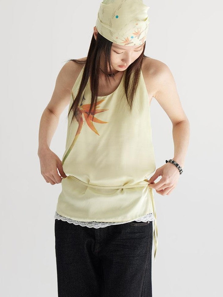 THELIGHT OFFICIAL Pale Yellow Printed Lace Tie Back Halter Women's Polyester Camisoles