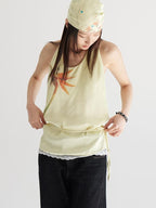 THELIGHT OFFICIAL Pale Yellow Printed Lace Tie Back Halter Women's Polyester Camisoles