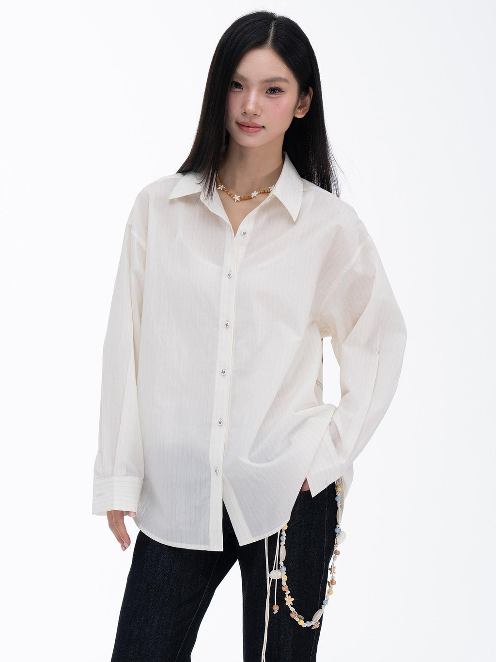 THELIGHT OFFICIAL Pale Yellow Striped Rhinestone Polo Long Sleeve Women's Cotton Blend Shirts