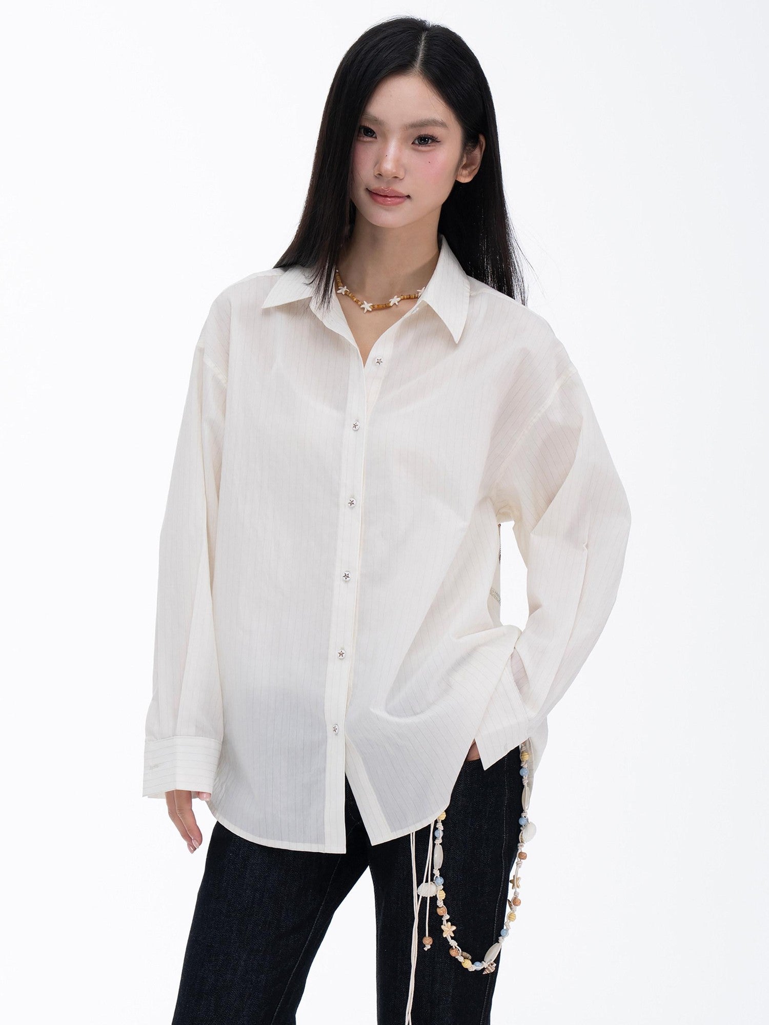 THELIGHT OFFICIAL Pale Yellow Striped Rhinestone Polo Long Sleeve Women's Cotton Blend Shirts