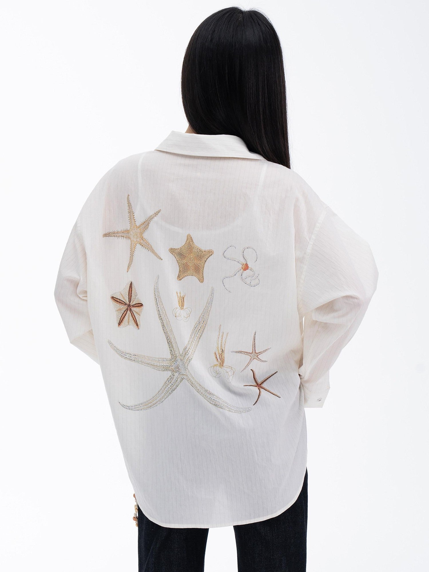 THELIGHT OFFICIAL Pale Yellow Striped Rhinestone Polo Long Sleeve Women's Cotton Blend Shirts