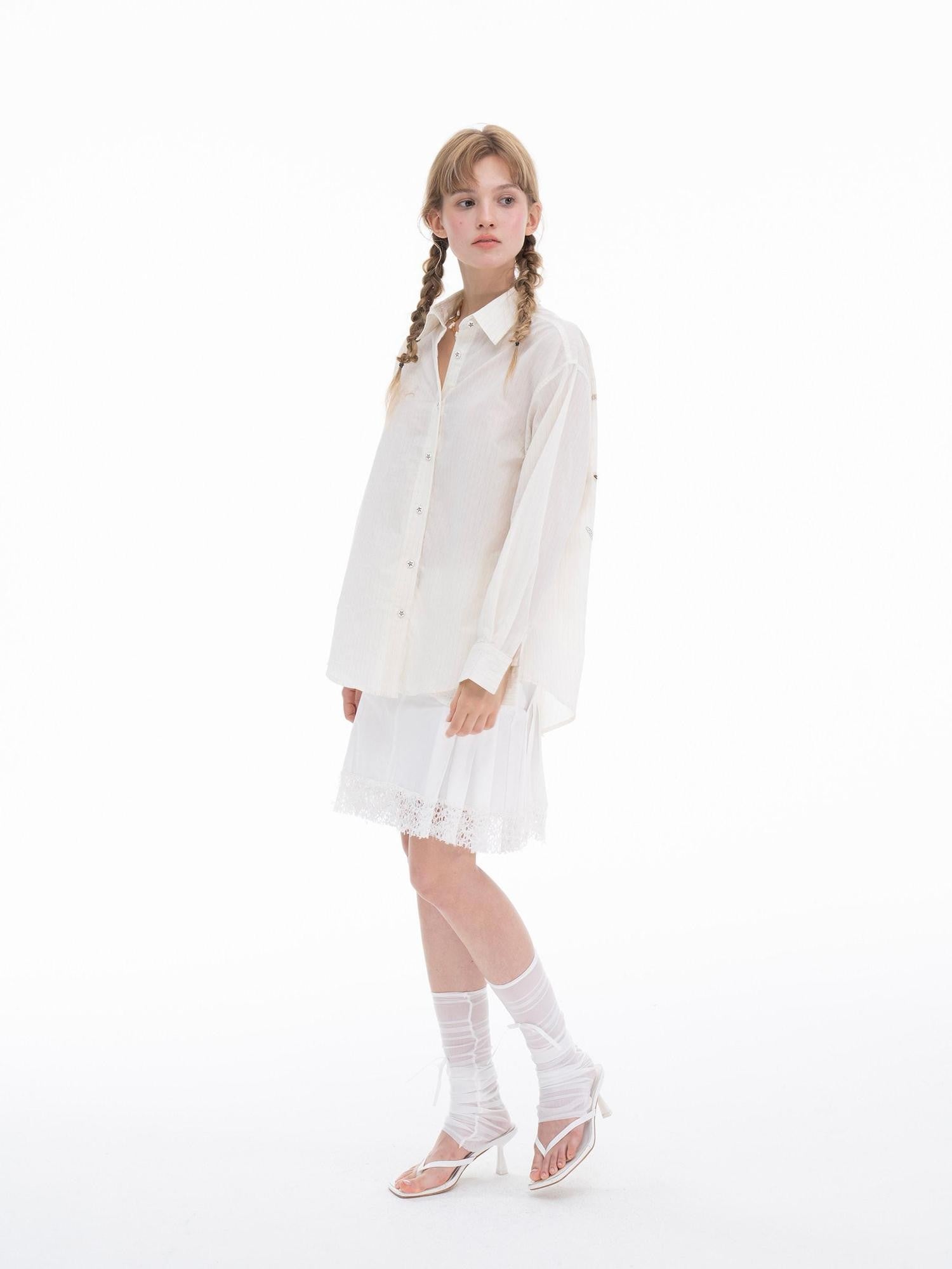 THELIGHT OFFICIAL Pale Yellow Striped Rhinestone Polo Long Sleeve Women's Cotton Blend Shirts