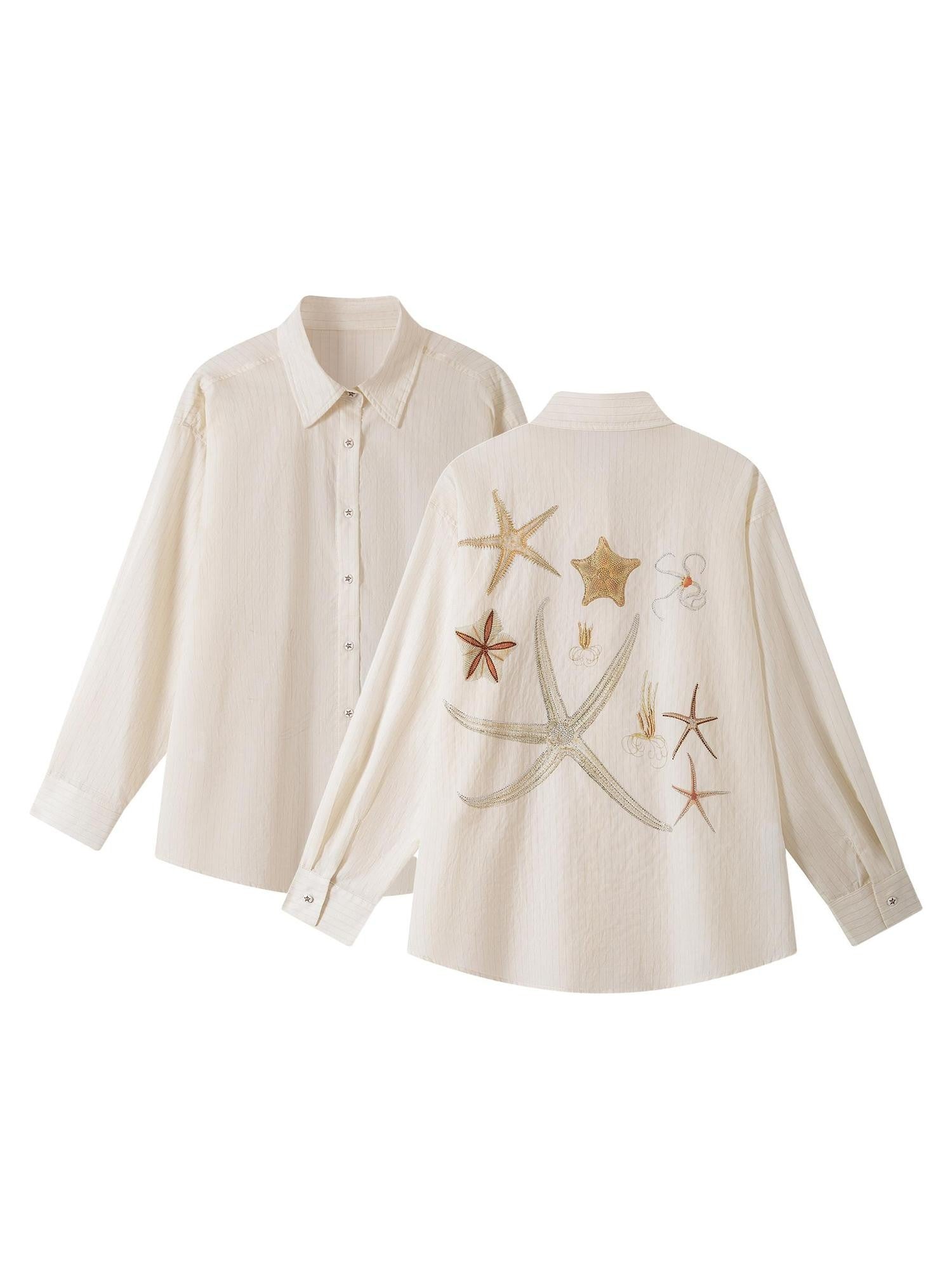 THELIGHT OFFICIAL Pale Yellow Striped Rhinestone Polo Long Sleeve Women's Cotton Blend Shirts