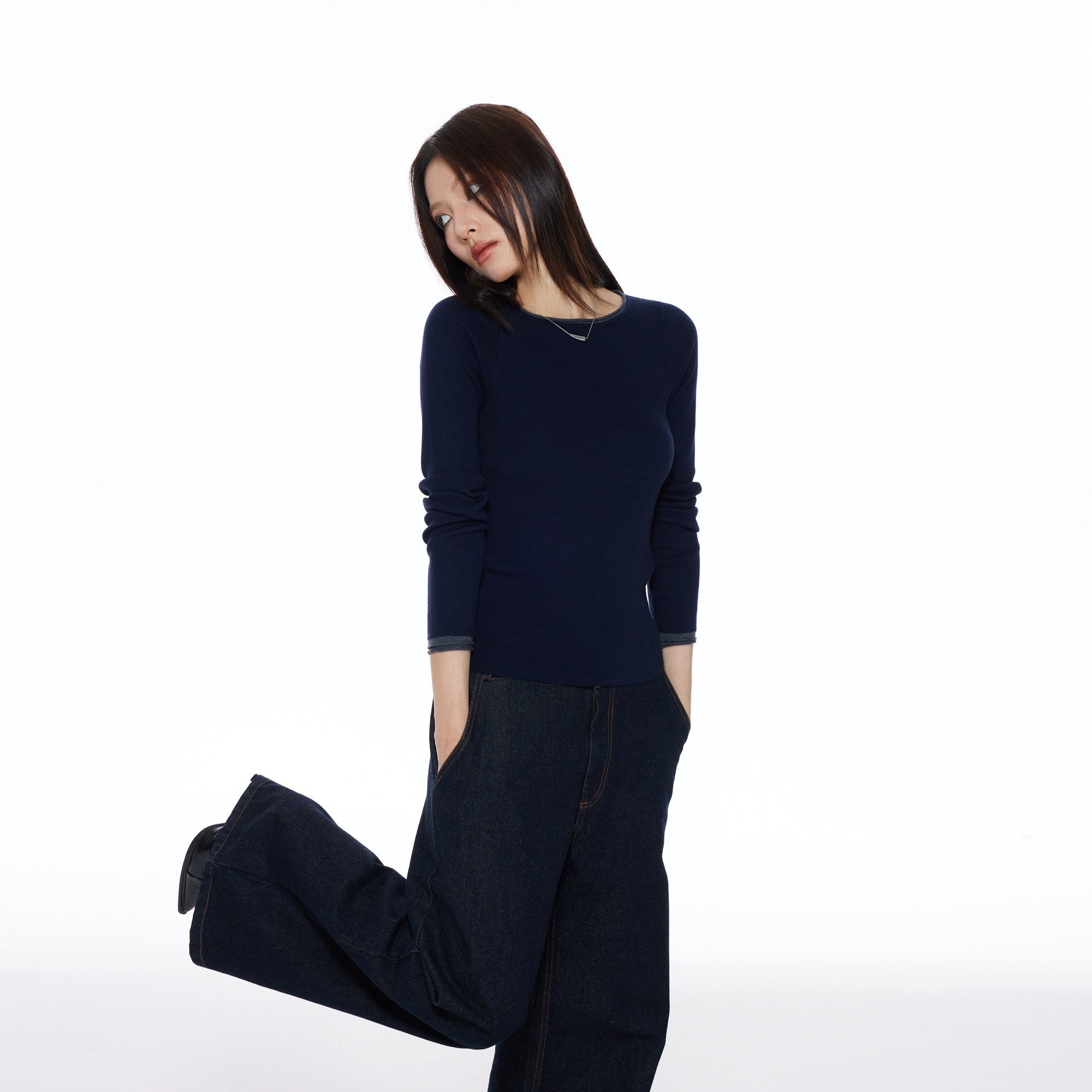 THELIGHT OFFICIAL Patchwork Faux Two Piece Knit Women's Wool Blend Long Sleeve T-shirts 843898062853