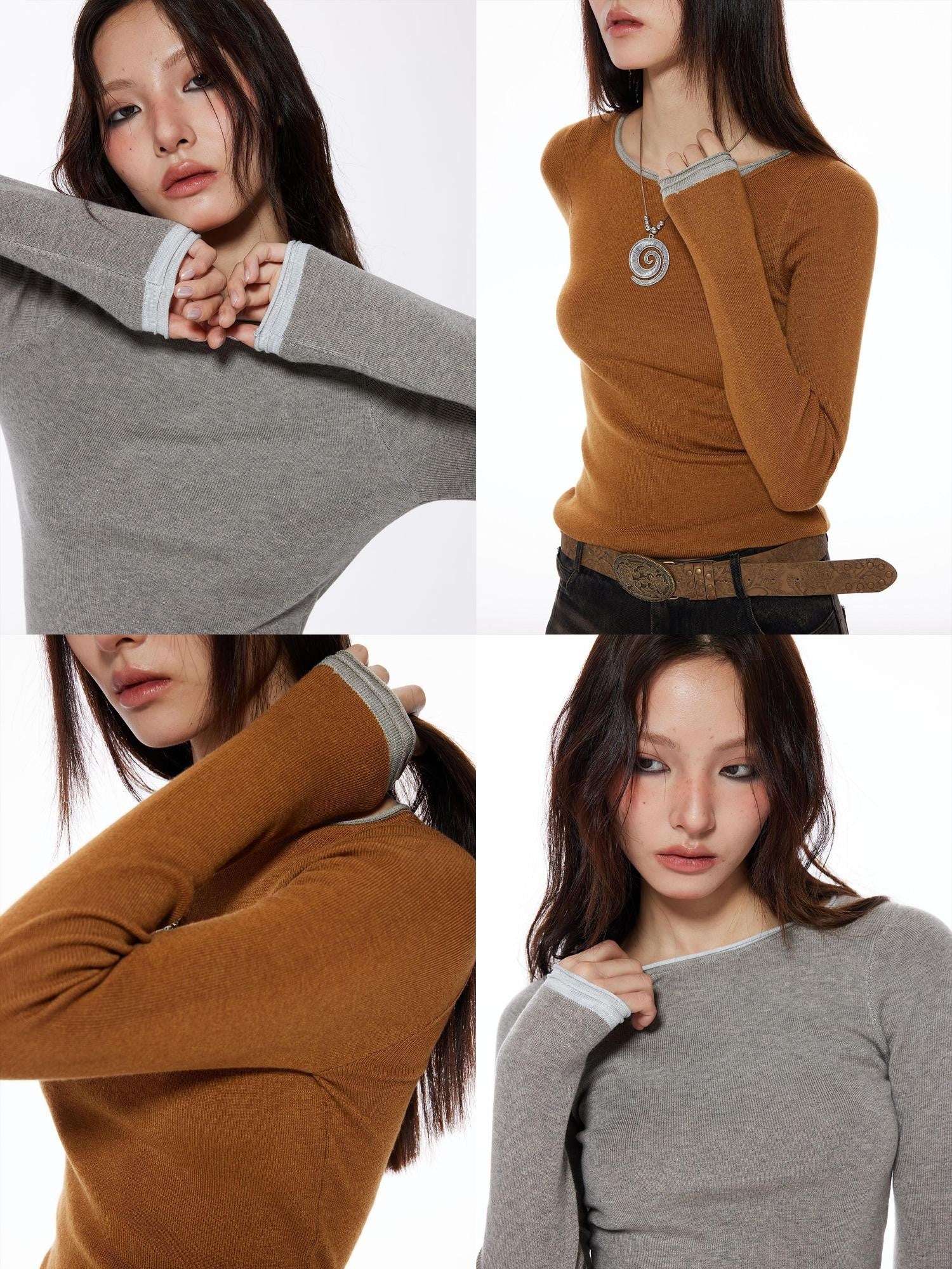 THELIGHT OFFICIAL Patchwork Faux Two Piece Knit Women's Wool Blend Long Sleeve T-shirts