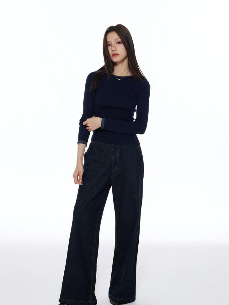 THELIGHT OFFICIAL Patchwork Faux Two Piece Knit Women's Wool Blend Long Sleeve T-shirts