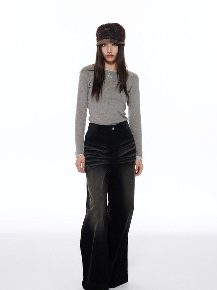 THELIGHT OFFICIAL Patchwork Faux Two Piece Knit Women's Wool Blend Long Sleeve T-shirts