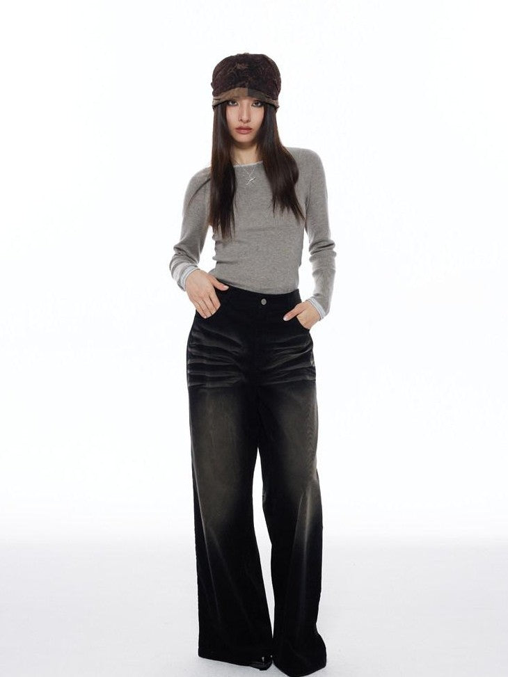 THELIGHT OFFICIAL Patchwork Faux Two Piece Knit Women's Wool Blend Long Sleeve T-shirts