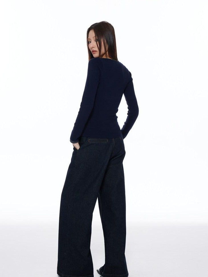 THELIGHT OFFICIAL Patchwork Faux Two Piece Knit Women's Wool Blend Long Sleeve T-shirts