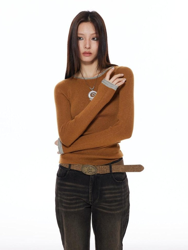 THELIGHT OFFICIAL Patchwork Faux Two Piece Knit Women's Wool Blend Long Sleeve T-shirts