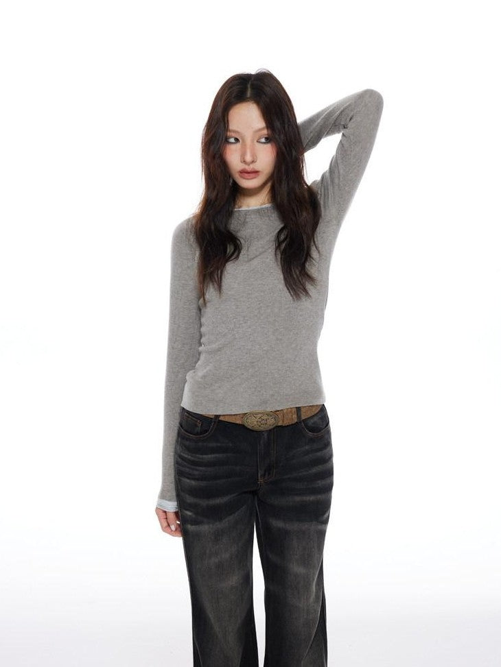 THELIGHT OFFICIAL Patchwork Faux Two Piece Knit Women's Wool Blend Long Sleeve T-shirts