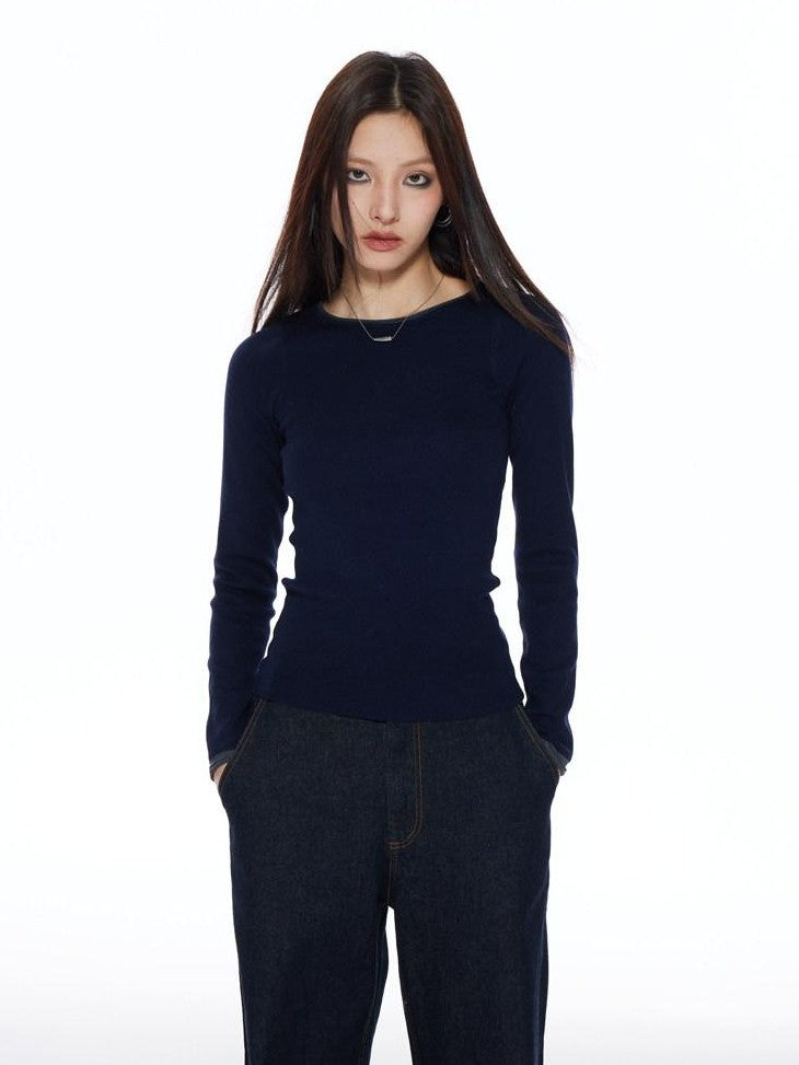 THELIGHT OFFICIAL Patchwork Faux Two Piece Knit Women's Wool Blend Long Sleeve T-shirts