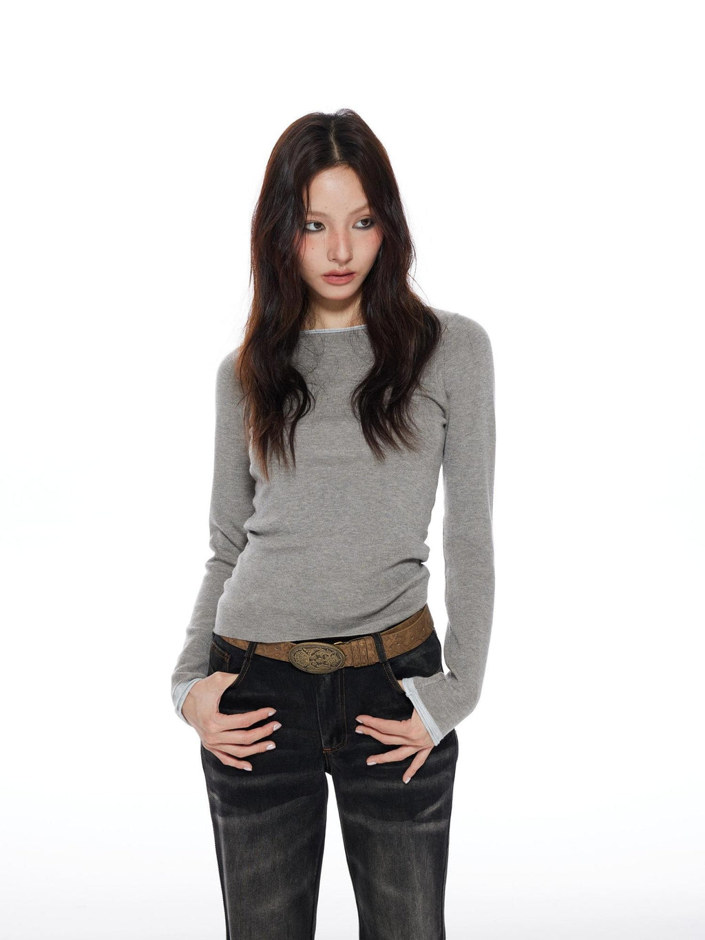 THELIGHT OFFICIAL Patchwork Faux Two Piece Knit Women's Wool Blend Long Sleeve T-shirts
