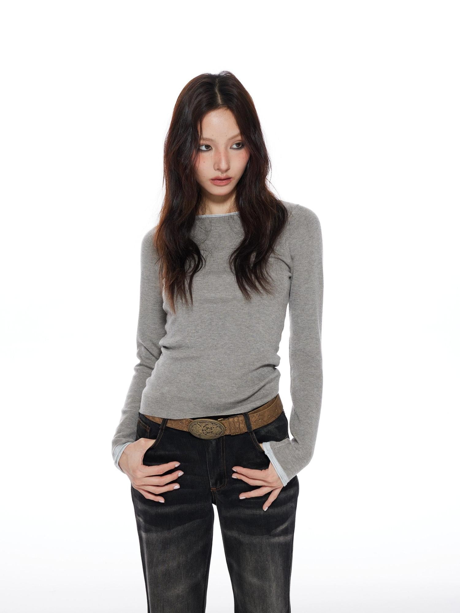 THELIGHT OFFICIAL Patchwork Faux Two Piece Knit Women's Wool Blend Long Sleeve T-shirts