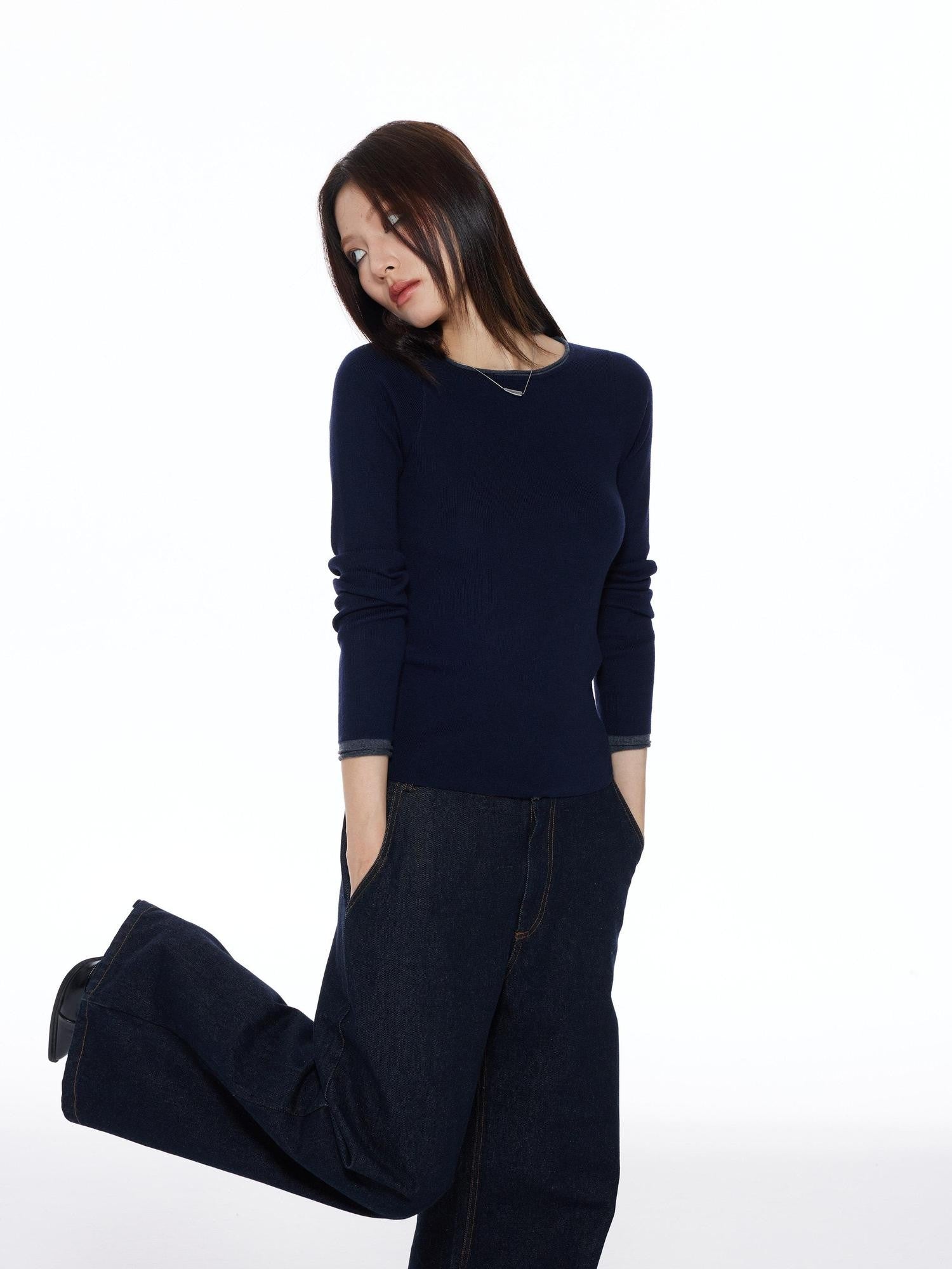 THELIGHT OFFICIAL Patchwork Faux Two Piece Knit Women's Wool Blend Long Sleeve T-shirts