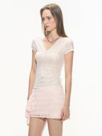 THELIGHT OFFICIAL Pink Printed Tonal Plunge V-neck Women's Polyester Short Sleeve T-shirts