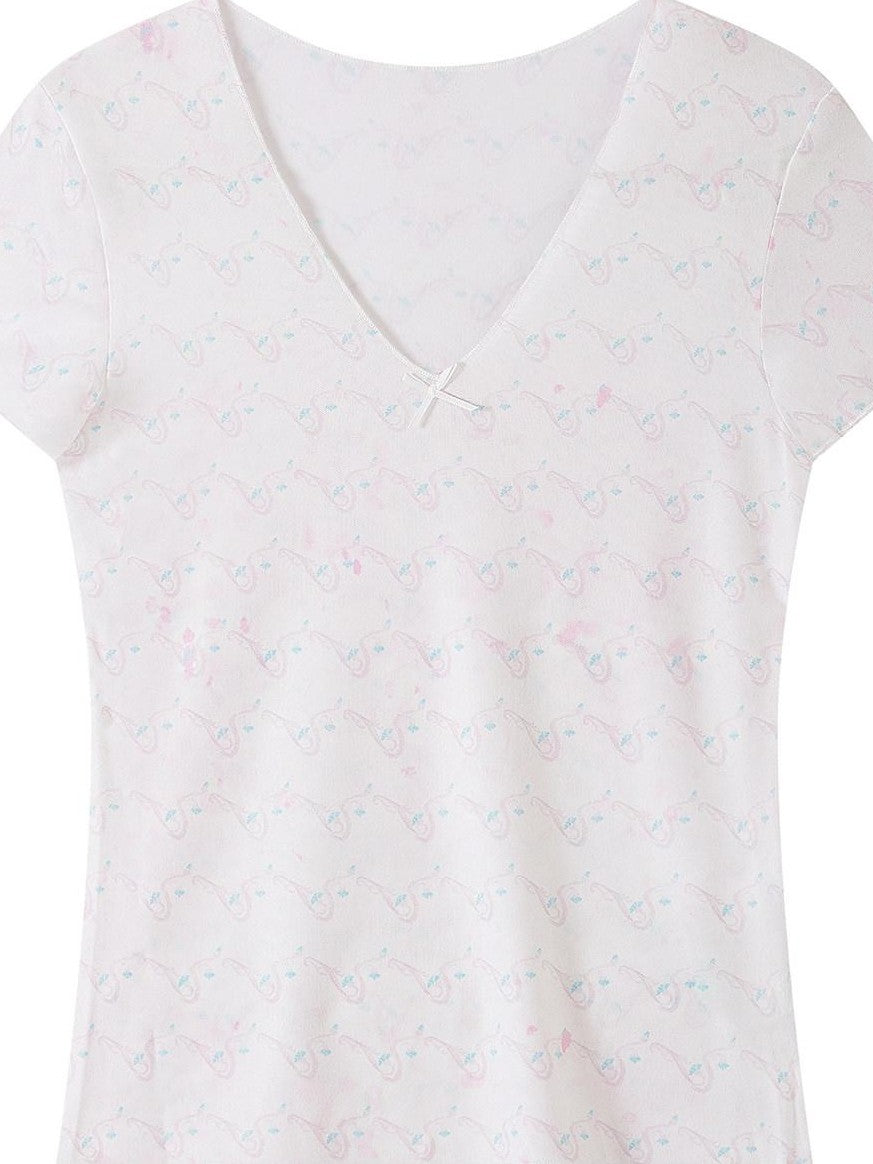 THELIGHT OFFICIAL Pink Printed Tonal Plunge V-neck Women's Polyester Short Sleeve T-shirts