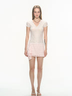 THELIGHT OFFICIAL Pink Printed Tonal Plunge V-neck Women's Polyester Short Sleeve T-shirts