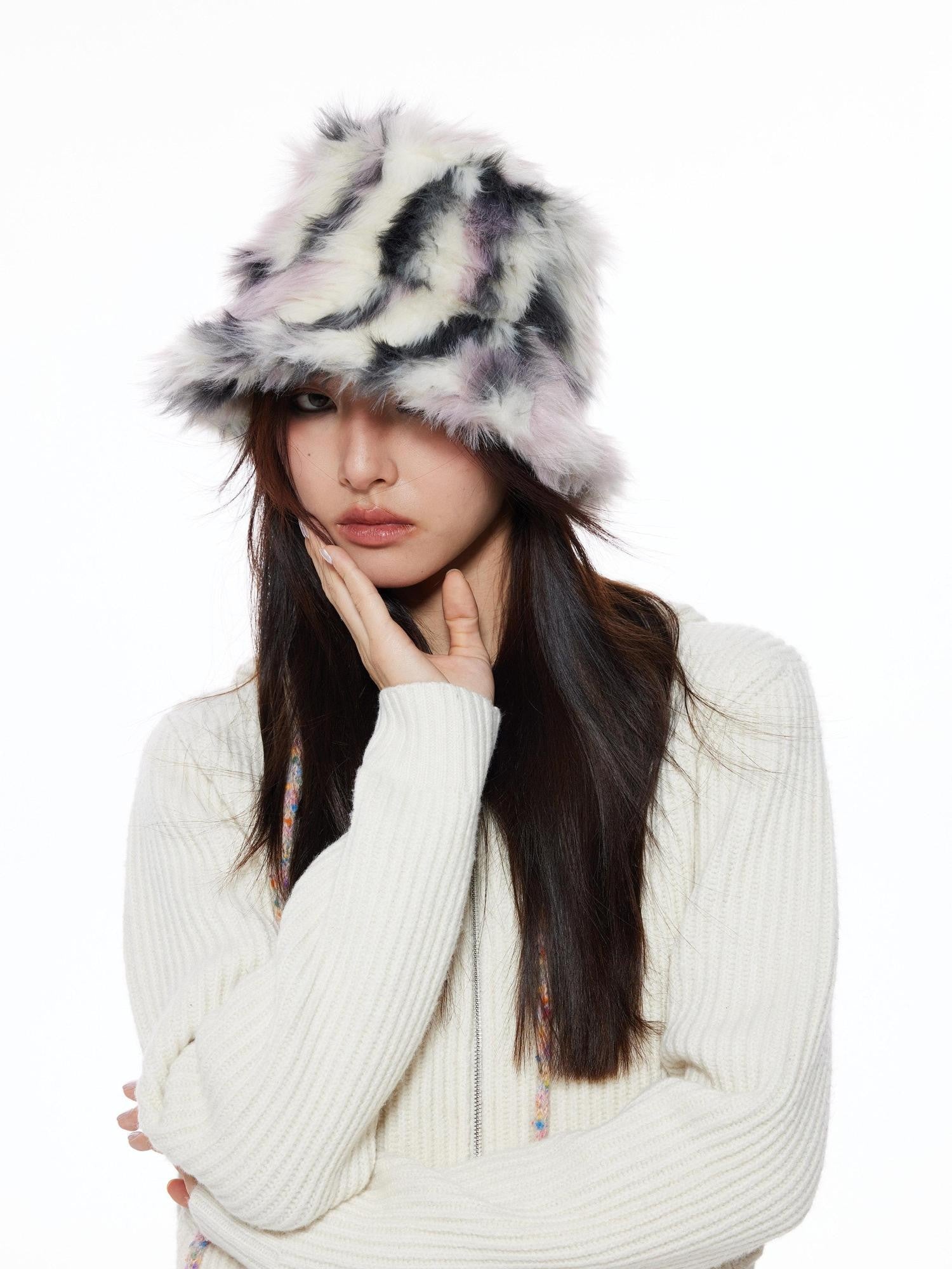 THELIGHT OFFICIAL Plush Faux Fur Earflap Flat Top Women's Polyester Bucket Hats