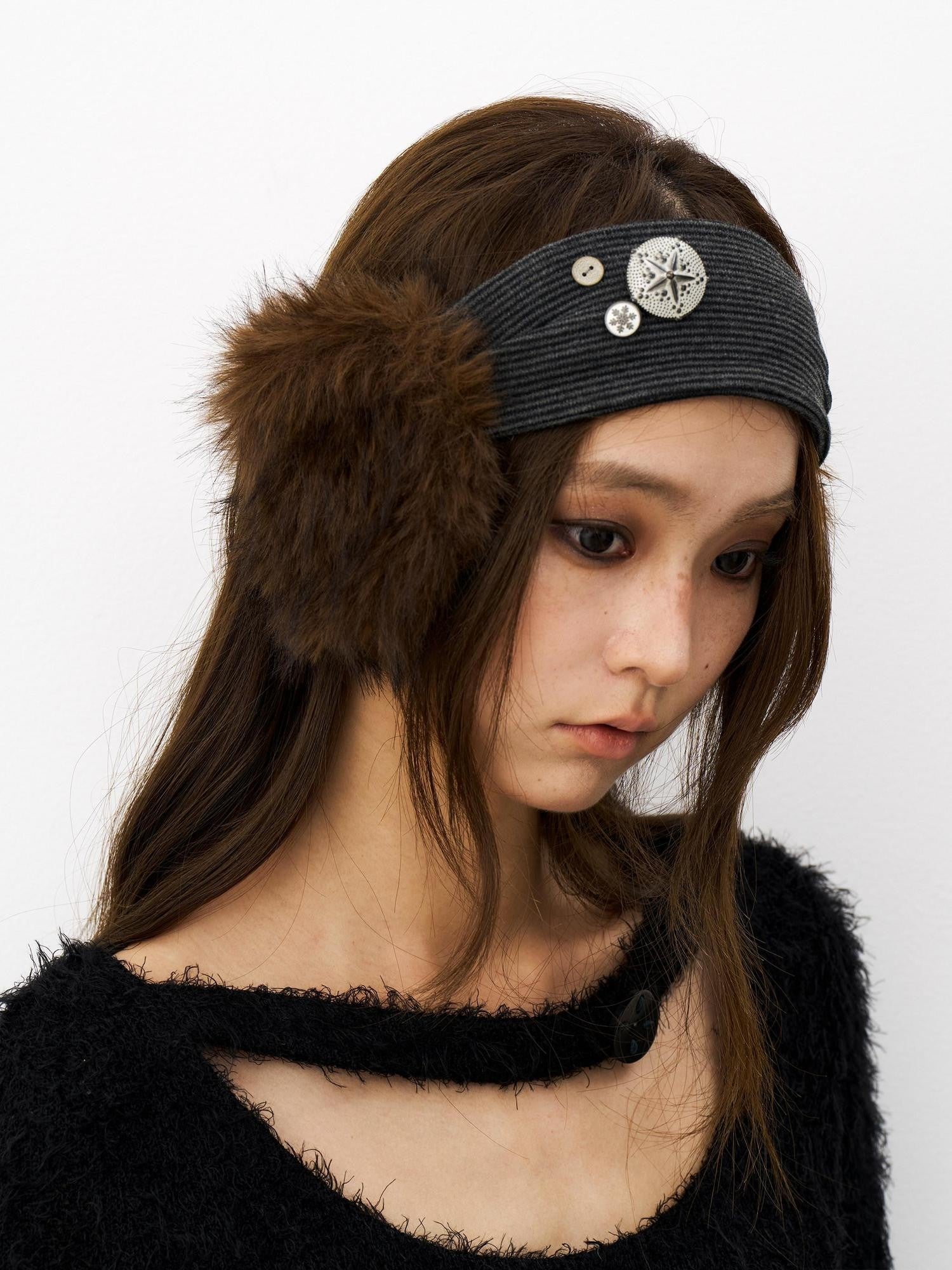 THELIGHT OFFICIAL Plush Vintage Button Detail Ear Muffs Headband Women's Plush Hats