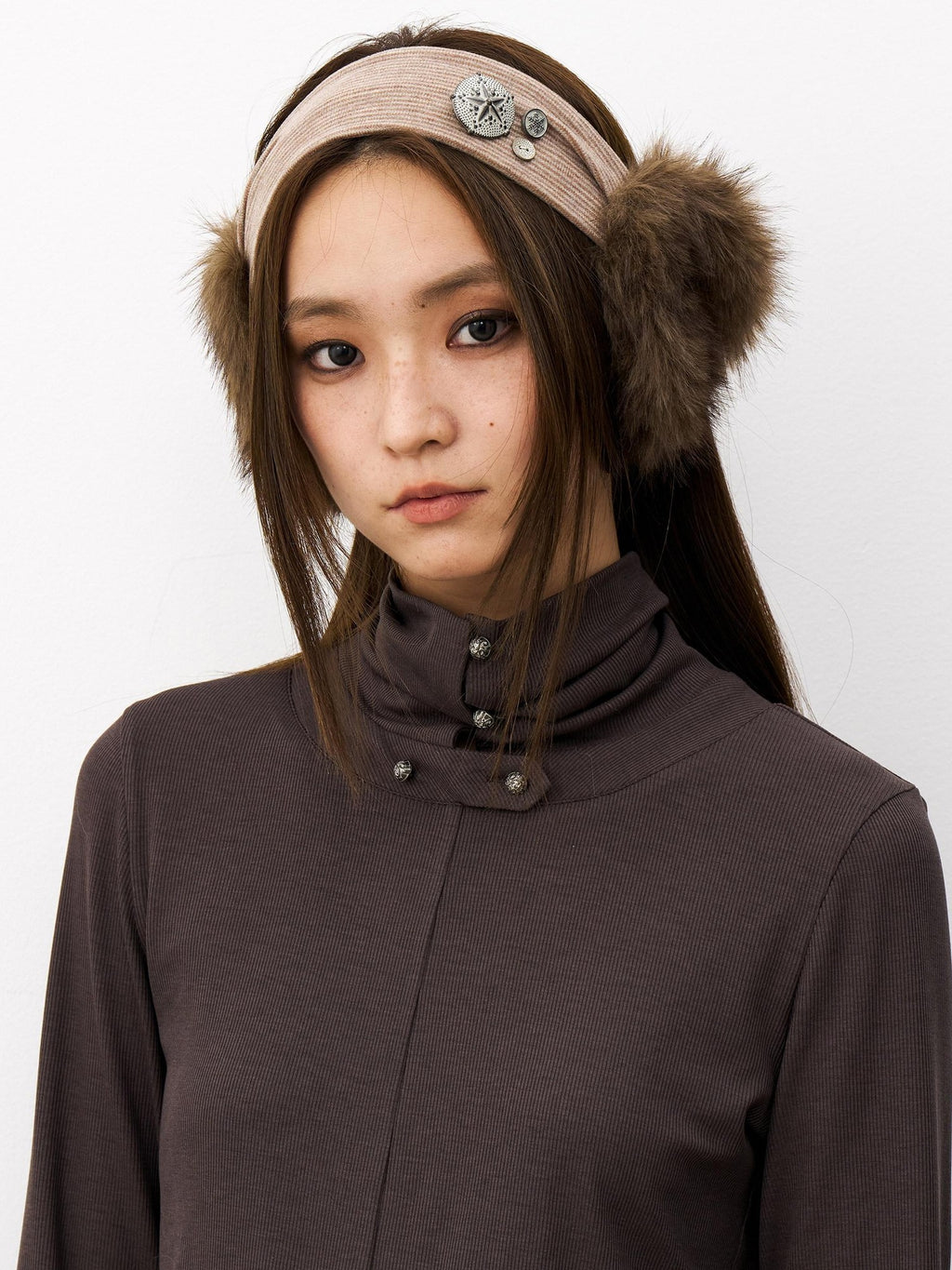 THELIGHT OFFICIAL Plush Vintage Button Detail Ear Muffs Headband Women's Plush Hats