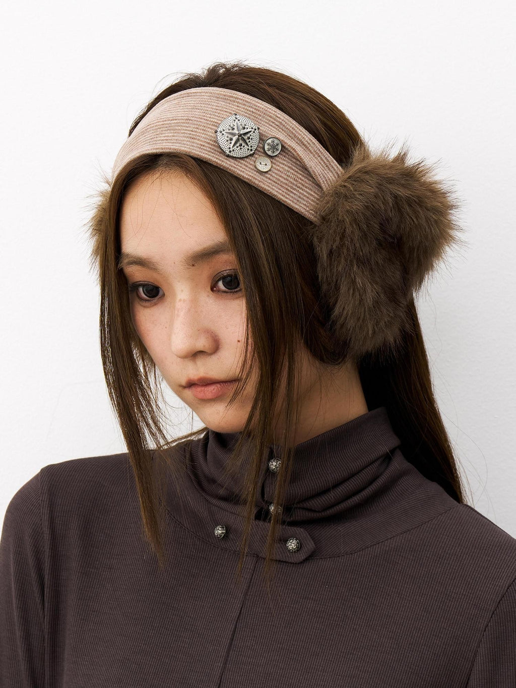 THELIGHT OFFICIAL Plush Vintage Button Detail Ear Muffs Headband Women's Plush Hats