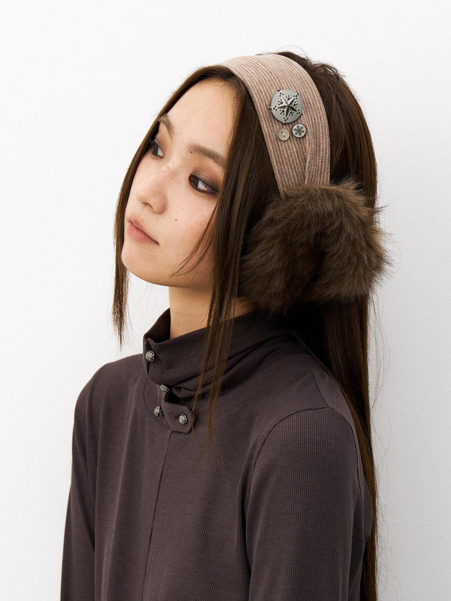 THELIGHT OFFICIAL Plush Vintage Button Detail Ear Muffs Headband Women's Plush Hats