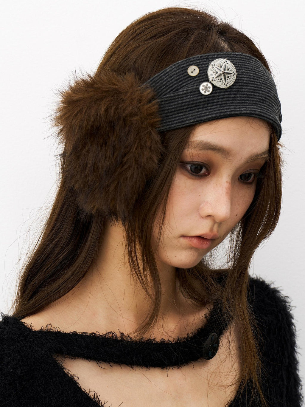 THELIGHT OFFICIAL Plush Vintage Button Detail Ear Muffs Headband Women's Plush Hats