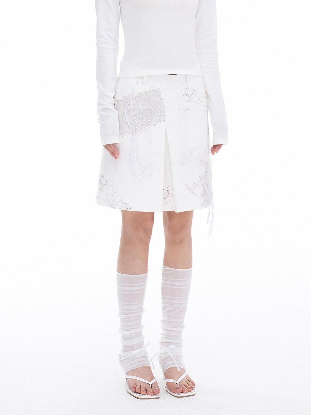 THELIGHT OFFICIAL Pure White Heart Embroidered Print 3d A Line Women's Cotton Modal Mini Skirts