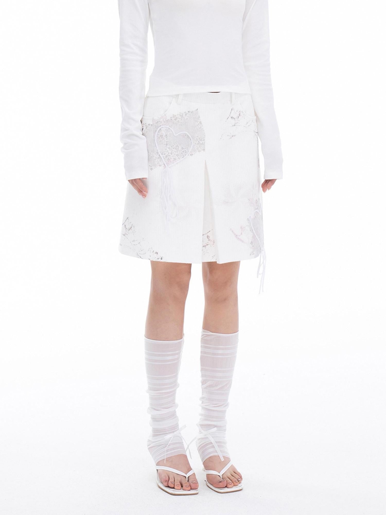 THELIGHT OFFICIAL Pure White Heart Embroidered Print 3d A Line Women's Cotton Modal Mini Skirts
