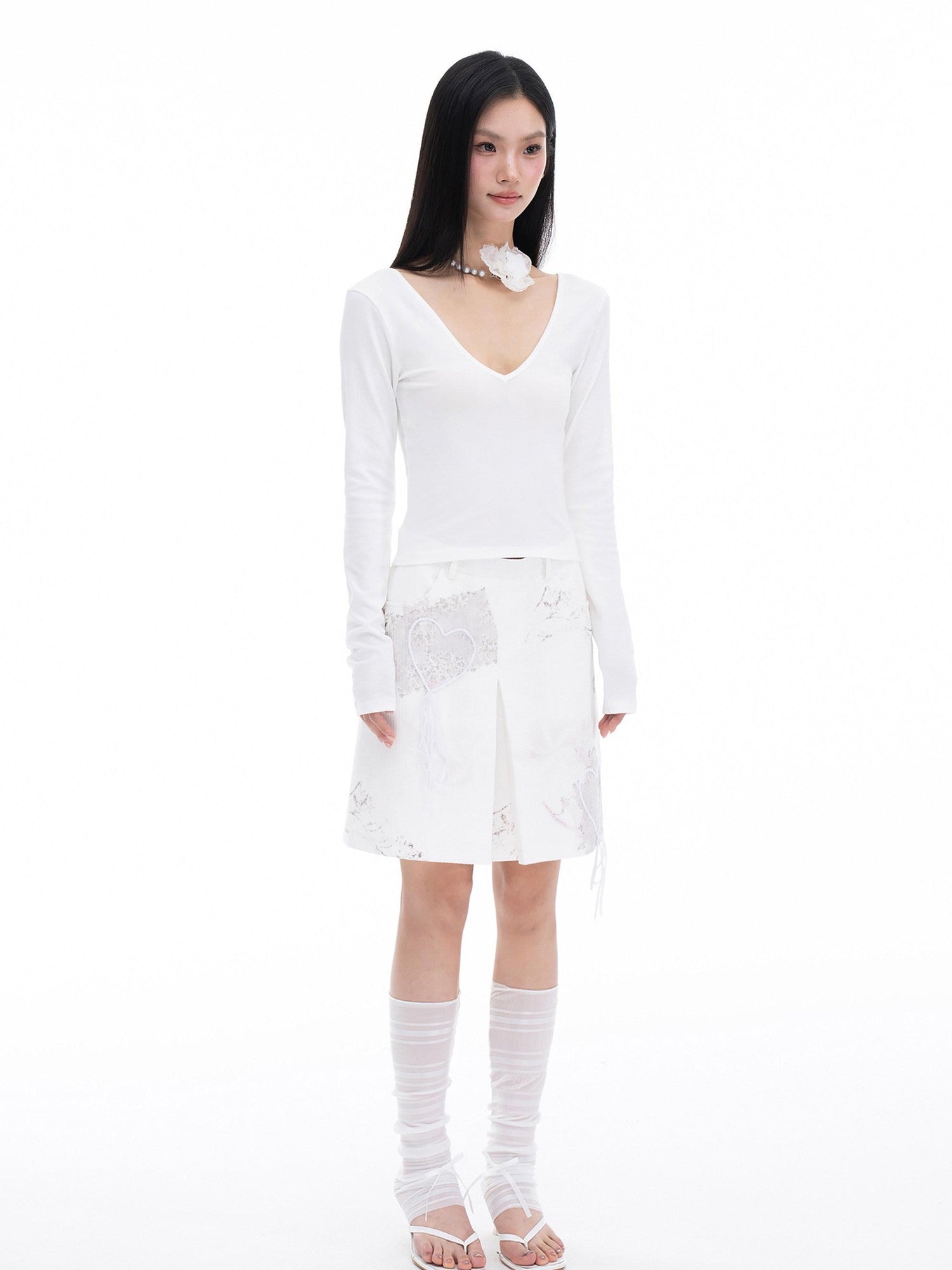 THELIGHT OFFICIAL Pure White Heart Embroidered Print 3d A Line Women's Cotton Modal Mini Skirts