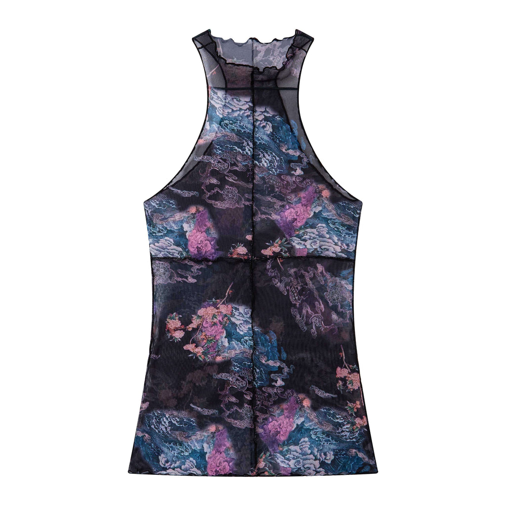 THELIGHT OFFICIAL Sheer Mesh Halter Backless High Neck Floral Print Women's Polyester Tank Tops 907632857164