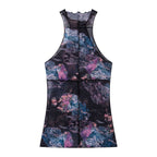 THELIGHT OFFICIAL Sheer Mesh Halter Backless High Neck Floral Print Women's Polyester Tank Tops 907632857164