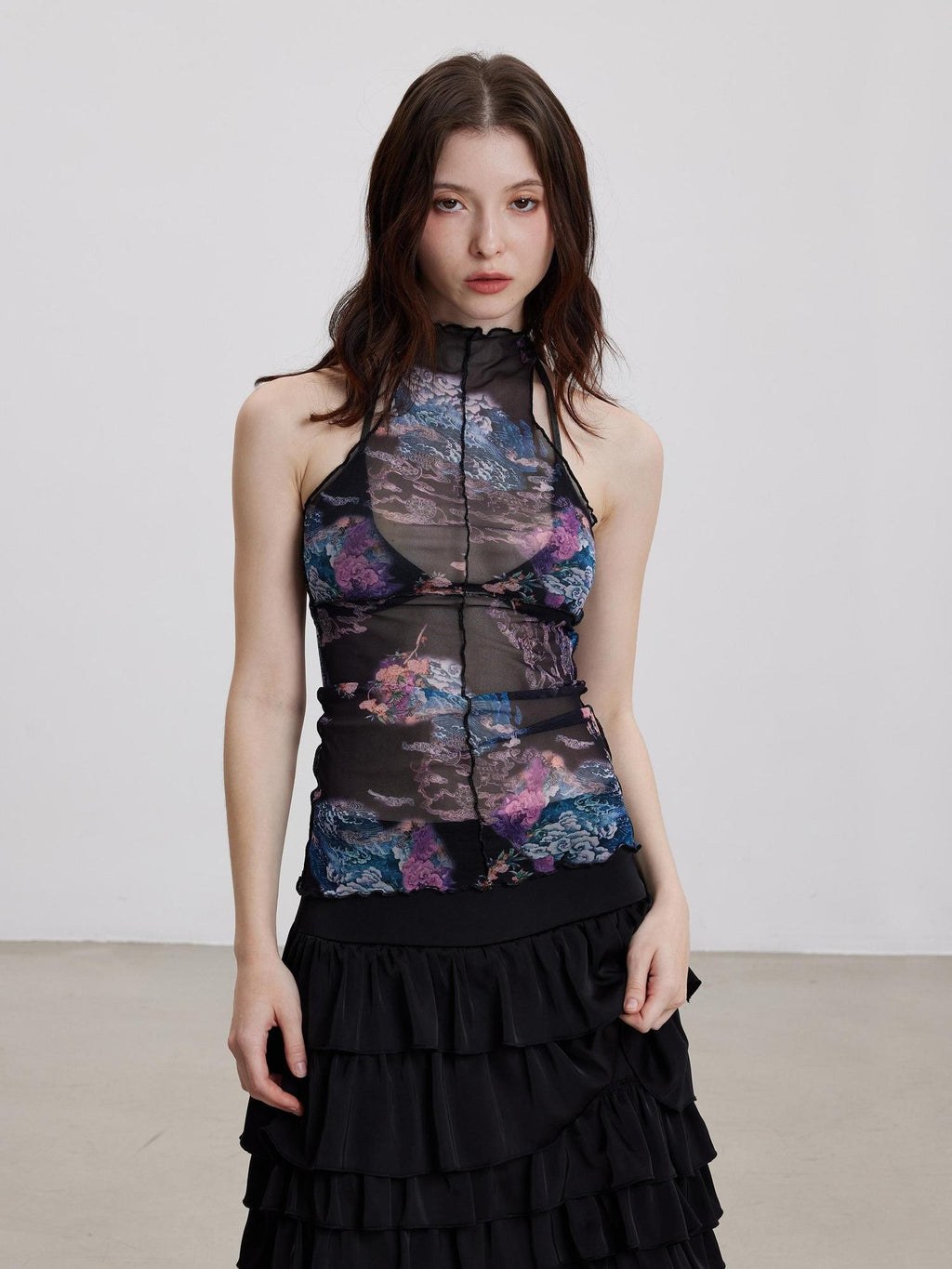 THELIGHT OFFICIAL Sheer Mesh Halter Backless High Neck Floral Print Women's Polyester Tank Tops