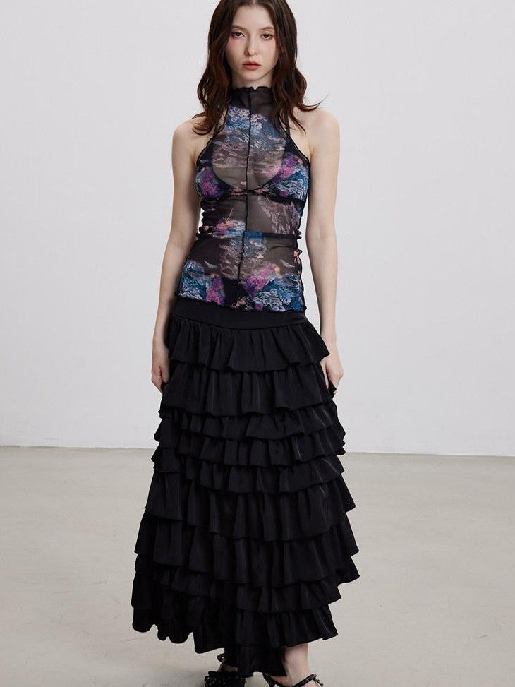 THELIGHT OFFICIAL Sheer Mesh Halter Backless High Neck Floral Print Women's Polyester Tank Tops