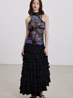 THELIGHT OFFICIAL Sheer Mesh Halter Backless High Neck Floral Print Women's Polyester Tank Tops