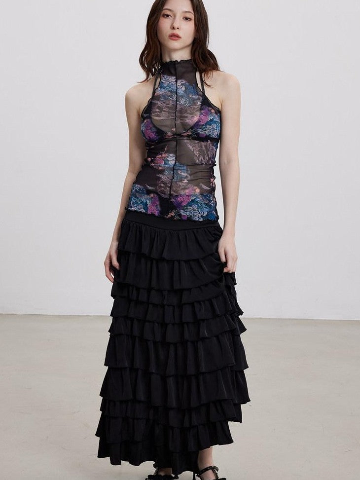 THELIGHT OFFICIAL Sheer Mesh Halter Backless High Neck Floral Print Women's Polyester Tank Tops