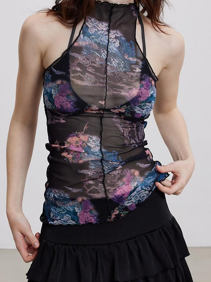 THELIGHT OFFICIAL Sheer Mesh Halter Backless High Neck Floral Print Women's Polyester Tank Tops