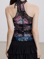THELIGHT OFFICIAL Sheer Mesh Halter Backless High Neck Floral Print Women's Polyester Tank Tops