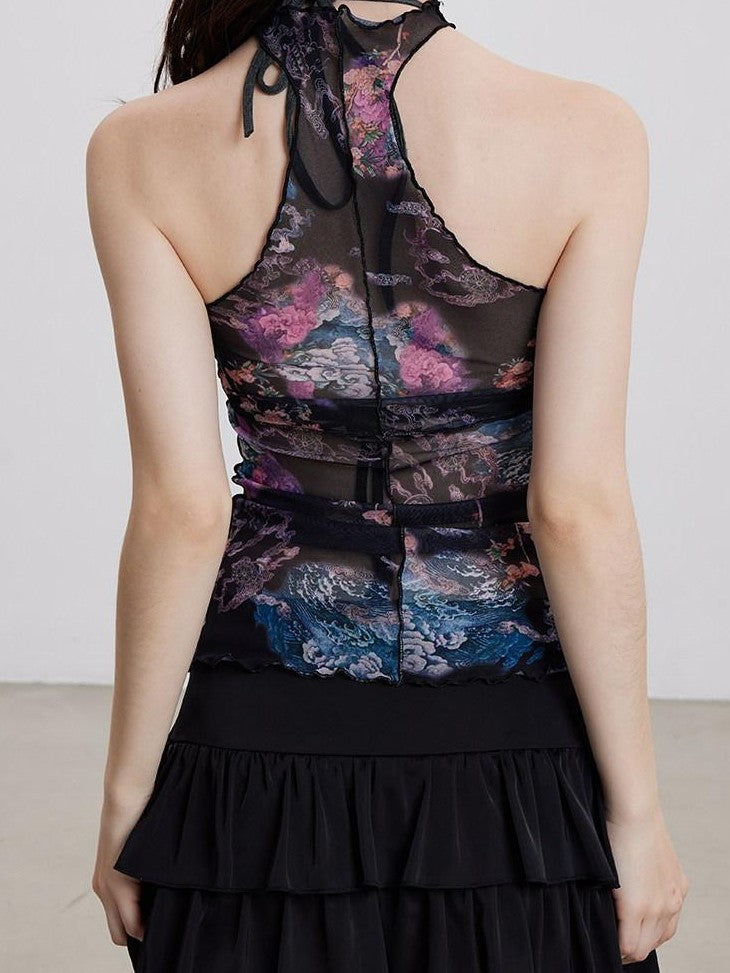 THELIGHT OFFICIAL Sheer Mesh Halter Backless High Neck Floral Print Women's Polyester Tank Tops