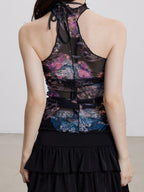 THELIGHT OFFICIAL Sheer Mesh Halter Backless High Neck Floral Print Women's Polyester Tank Tops